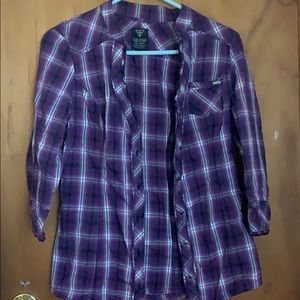 Guess- purple/white plaid button down shirt